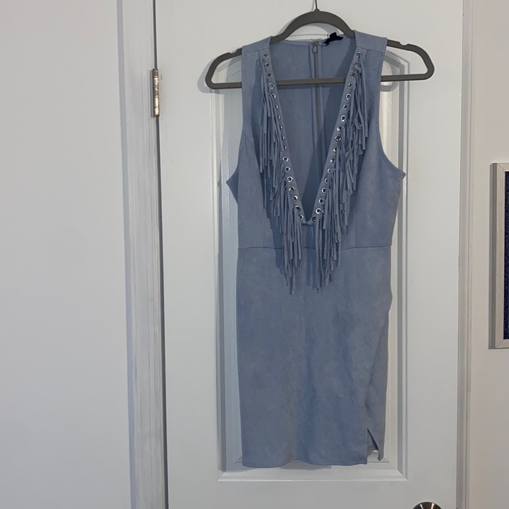 NBD blue suede fringe dress